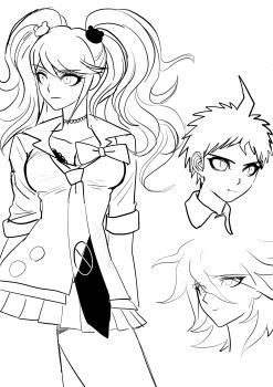 1girl 2boys absurdres ahoge bear_hair_ornament bow breasts cleavage collarbone commentary_request danganronpa:_trigger_happy_havoc danganronpa_(series) danganronpa_2:_goodbye_despair enoshima_junko hair_ornament highres hinata_hajime komaeda_nagito large_breasts looking_to_the_side medium_hair miniskirt multiple_boys necktie pleated_skirt shirt short_hair sketch skirt smile twintails two-tone_necktie uranagi_(uranaginasi)