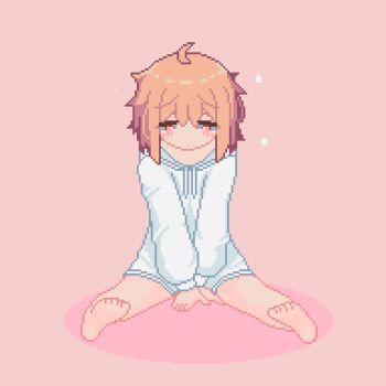 ... 1girl ahoge animated animated_gif arms_between_legs barefoot bottomless bouncing feet flat_chest full_body hood hoodie looking_down looping_animation orange_hair original pink_background pixel_art short_hair simple_background soles solo sotie sweatdrop toes v_arms white_hoodie wiggling_toes