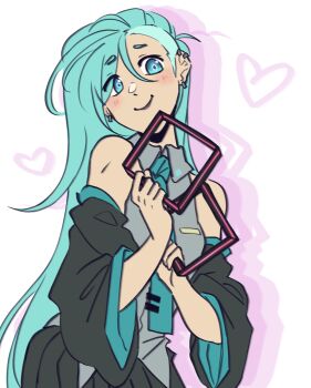 Rule 34 | 1girl, alternate hairstyle, aqua eyes, aqua necktie, asymmetrical hair, bare shoulders, black skirt, blush, closed mouth, commission, danciingcosmos, detached sleeves, ear piercing, earrings, grey shirt, hatsune miku, heart, highres, holding, jewelry, ko-fi commission, long hair, necktie, off shoulder, piercing, shirt, sidecut, simple background, skirt, smile, solo, undercut, very long hair, vocaloid, white background