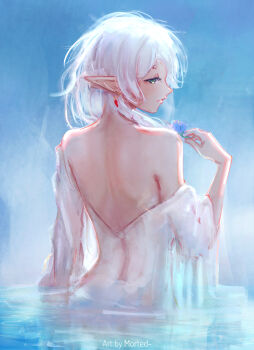 1girl absurdres artist_name back back_focus bare_shoulders blue_background blush closed_mouth clothes_pull commentary dress dress_pull earrings elf flower frieren from_behind green_eyes highres holding holding_flower jewelry long_hair long_sleeves looking_at_viewer looking_back median_furrow morted_art partially_submerged pointy_ears shoulder_blades solo sousou_no_frieren teardrop_earrings upper_body water white_dress white_hair wide_sleeves