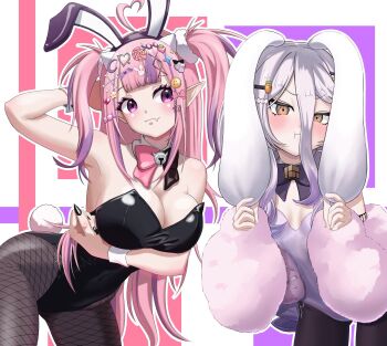 ahoge animal_ears bell black_bow black_leotard black_nails black_pantyhose blush bow breasts button_hair_ornament candy_hair_ornament carrot_hair_ornament cleavage closed_mouth crescent crescent_hair_ornament detached_collar f_yutaro79 fake_animal_ears fake_tail fang fishnet_pantyhose fishnets food-themed_hair_ornament gradient_hair grey_hair hair_between_eyes hair_ornament hand_on_own_ear heart heart_hair_ornament henya_the_genius henya_the_genius_(bunniversary) highres indie_virtual_youtuber ironmouse large_breasts leotard long_hair long_hair_between_eyes looking_at_viewer multicolored_hair neck_bell pantyhose pink_bow pink_hair pointy_ears pout pulling_own_ear purple_eyes purple_hair purple_leotard purple_streaks rabbit_ears rabbit_tail skin_fang skull_hair_ornament small_breasts star_(symbol) star_hair_ornament strapless strapless_leotard strawberry_hair_ornament tail twintails two-tone_bow virtual_youtuber wrist_cuffs x_hair_ornament yellow_eyes