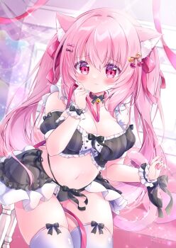 1girl animal_ear_fluff animal_ears black_bow black_bowtie blush bow bowtie breasts cat_ears cat_tail cherry_hair_ornament chiika_(cure_cherish) cleavage detached_sleeves food-themed_hair_ornament hair_ornament highres large_breasts lingerie long_hair medium_breasts original pink_eyes pink_hair solo tail thighhighs twintails underwear very_long_hair white_thighhighs wrist_cuffs