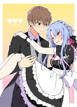 1girl absurdres alternate_costume apron back_bow black_bow black_dress black_necktie black_suit blue_hair blush border bow braid breasts brown_eyes brown_hair butler carrying closed_mouth collared_shirt commentary_request couple cowboy_shot crown_braid dress embarrassed enmaided eyes_visible_through_hair feet_out_of_frame formal_clothes frilled_apron frilled_dress frilled_wrist_cuffs frills frown hair_between_eyes hair_bow hair_bun hair_ornament heart hetero highres hug huge_bow large_breasts long_hair long_sleeves looking_at_another maid necktie nose_blush open_mouth outside_border princess_carry puffy_short_sleeves puffy_sleeves red_eyes shirt short_hair short_sleeves sidelocks simple_background single_hair_bun sorakado_ao suit summer_pockets sweatdrop takahara_hairi tassel tassel_hair_ornament twitter_username upturned_eyes v-shaped_eyebrows very_long_hair waist_apron wavy_mouth white_apron white_border white_bow white_shirt white_wrist_cuffs wrist_cuffs xdjf63qbpt0iqmj yellow_background