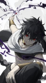 1boy absurdres alalen bishounen black_hair blue_hair braid highres jewelry judal long_hair magi_the_labyrinth_of_magic male_focus midriff multiple_boys neck_ring red_eyes red_hair single_braid smile solo