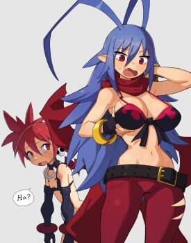 Rule 34 | 2girls, absurdres, anger vein, arm behind head, arm up, bat wings, belt, bikini, bikini top only, black belt, black bikini, bracelet, breast envy, breasts, choker, confused, cowboy shot, demon girl, demon wings, disgaea, disgaea d2, earrings, elbow gloves, etna (disgaea), fang, flat chest, flowerpigeon, front-tie bikini top, front-tie top, gloves, gold bracelet, hand on own chest, highres, jewelry, laharl-chan, large breasts, looking at another, mini wings, multiple girls, navel, o-ring, o-ring choker, open mouth, pants, pointy ears, red eyes, red hair, red pants, red scarf, red wings, scarf, skull earrings, speech bubble, sweatdrop, swimsuit, twintails, white belt, wings