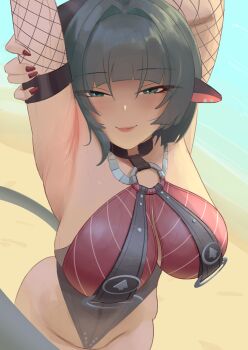 1girl absurdres animal_ears armpits arms_up black_hair black_one-piece_swimsuit blue_eyes breast_curtains breasts closed_mouth commentary covered_navel cowboy_shot earrings english_commentary fishnet_sleeves fishnets grey_tail hair_intakes half-closed_eyes hand_on_own_arm highres jane_doe_(nocturne_of_light)_(zenless_zone_zero) jane_doe_(zenless_zone_zero) jewelry large_breasts leather_leotard looking_at_viewer mouse_ears mouse_girl mouse_tail o-ring o-ring_swimsuit official_alternate_costume one-piece_swimsuit outdoors rainz red_nails red_one-piece_swimsuit sand smile solo sweat swimsuit tail two-tone_one-piece_swimsuit water zenless_zone_zero