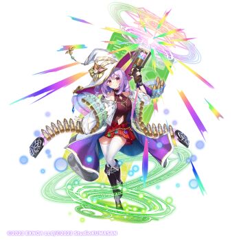 1girl black_boots boots bullet clothing_cutout commentary_request gun hat highres holding holding_gun holding_weapon lilia_(twinkle_star_knights) mafuyun miniskirt navel navel_cutout official_art purple_eyes purple_hair red_skirt skirt thighhighs twinkle_star_knights weapon white_thighhighs witch_hat