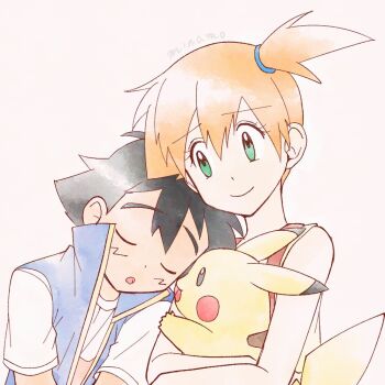 1boy 1girl ash_ketchum bare_arms black_hair blue_jacket closed_eyes closed_mouth eyelashes gen_1_pokemon green_eyes hair_between_eyes hair_tie holding holding_pokemon jacket looking_at_another misty_(pokemon) nintendo open_mouth orange_hair pikachu pokemon pokemon_(anime) pokemon_(classic_anime) pokemon_(creature) pokemon_rgby ponytail shirt short_hair short_sleeves side_ponytail simple_background sleeping sleeveless sleeveless_jacket smile spiked_hair suspenders t-shirt upper_body white_background white_shirt