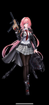 1girl absurdres bag bang_dream! bang_dream!_it&#039;s_mygo!!!!! belt black_background black_belt black_boots black_coat black_pantyhose boots breasts chihaya_anon chinese_commentary coat collared_shirt commentary_request eyepatch grey_eyes grey_skirt gun highres holding holding_bag holding_gun holding_weapon iue_(pixiv_95802465) kriss_vector long_hair looking_at_viewer medium_breasts miniskirt necktie open_clothes open_coat pantyhose pink_hair plaid_clothes plaid_skirt pleated_skirt red_necktie shirt simple_background skirt solo submachine_gun variant_set very_long_hair weapon white_shirt