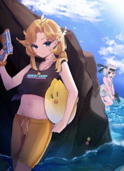 Rule 34 | 2girls, bikini, black shirt, blonde hair, blue eyes, blue sky, breasts, cleavage, cloud, densetsu.exe, dokibird, dragoon (dokibird), fang, green bikini, highres, holding, holding water gun, indie virtual youtuber, looking at viewer, mint fantome, multiple girls, navel, orange shorts, pointy ears, shirt, shorts, skin fang, sky, small breasts, swimsuit, tundrea, virtual youtuber, wading, water, water gun