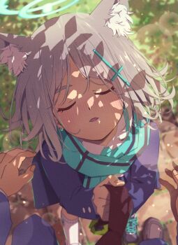 1boy 1girl animal_ear_fluff animal_ears blue_archive blue_jacket blue_pants blue_scarf blush closed_eyes clothes_grab commentary_request cross_hair_ornament earrings extra_ears grey_hair hair_ornament highres jacket jewelry kneehighs long_hair matsumoto_yutaka necktie necktie_grab neckwear_grab open_mouth pants pov red_necktie scarf shiroko_(blue_archive) socks stud_earrings white_socks wolf_ears wolf_girl