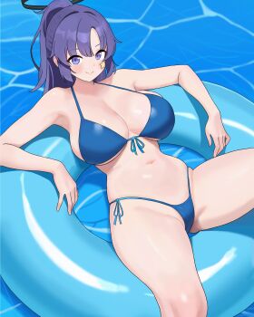 1girl absurdres bare_shoulders bikini black_halo blue_archive blue_bikini blush breasts cleavage commentary english_commentary front-tie_bikini_top front-tie_top groin halo highres large_breasts long_hair looking_at_viewer lying mechanical_halo navel on_innertube ponytail purple_eyes purple_hair side-tie_bikini_bottom smile solo star_(symbol) star_sticker sticker sticker_on_face swimsuit thejx_063 thighs yuuka_(blue_archive)