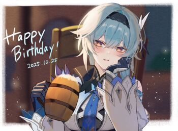 1girl black_gloves black_hairband blue_hair blue_necktie blush border breasts chair cup dated eula_(genshin_impact) genshin_impact gloves hair_ornament hairband happy_birthday head_on_hand head_rest holding holding_cup large_breasts long_sleeves looking_at_viewer medium_hair necktie on_chair orange_eyes parted_lips siina_0320 sitting solo tankard upper_body white_border wide_sleeves
