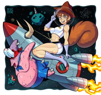 Rule 34 | 1boy, 1girl, abs, animal ears, artist name, asteroid, blue shorts, boots, breasts, brown eyes, brown hair, brown hat, brown tail, buck teeth, bulging eyes, colored skin, cowboy hat, crop top, fire, freckles, gloves, grey boots, grey gloves, hat, highres, humanization, large breasts, looking at viewer, meme, micro shorts, open mouth, patrick star, percodine, pink skin, rocket, salute, sandy cheeks, shirt, short hair, shorts, sleeveless, sleeveless shirt, spongebob squarepants (series), squirrel ears, squirrel girl, squirrel tail, tail, teeth, tongue, tongue out, two-finger salute, white shirt, white shorts, wolverine (x-men)