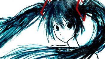 Rule 34 | 1girl, bare shoulders, blue hair, blue theme, commentary, expressionless, floating hair, hatsune miku, highres, hollow eyes, knowthisdream, long hair, looking at viewer, no pupils, portrait, sideways glance, solo, spot color, twintails, vocaloid, white background, wide-eyed