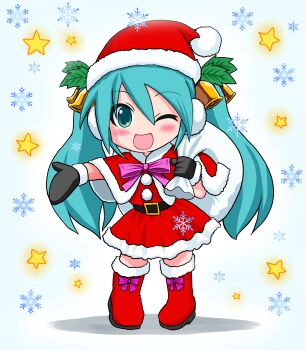 Rule 34 | 1girl, absurdres, aqua eyes, aqua hair, bell, belt, black belt, black gloves, blue background, blue hair, blush, boots, bow, carrying, carrying over shoulder, christmas, commentary request, deformed, dress, earmuffs, fur-trimmed boots, fur-trimmed dress, fur-trimmed gloves, fur-trimmed vest, fur trim, gloves, green leaf, hair bell, hair between eyes, hair ornament, hat, hatsune miku, highres, jingle bell, leaf, leaf hair ornament, long hair, looking at viewer, naccha (nawacchi), one eye closed, open mouth, outstretched arm, pink bow, red boots, red dress, red hat, red vest, santa costume, santa dress, santa hat, sidelocks, smile, snowflakes, solo, star (symbol), twintails, very long hair, vest, vocaloid, winter gloves, yellow star