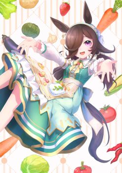 1girl :d animal_ears apron breasts brown_apron brown_hair carrot chili_pepper commentary_request corn dotted_line dress eggplant feet_out_of_frame food frilled_apron frills fruit garlic green_dress hair_over_one_eye highres horse_ears horse_girl horse_tail lettuce long_hair long_sleeves looking_at_viewer low_twintails mochiusasa open_mouth potato puffy_long_sleeves puffy_sleeves purple_eyes rice_shower_(umamusume) rice_shower_(yummy_dreamy_fairy)_(umamusume) shirt sleeveless sleeveless_dress small_breasts smile solo strawberry striped_background tail tomato twintails umamusume very_long_hair waist_apron white_shirt