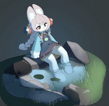 1girl animal_ear_fluff animal_ears animal_feet barefoot braid braided_twintails bright_pupils carbon_(carbonic) closed_mouth commentary full_body furry furry_female grass green_background green_shirt highres in_water lily_pad long_hair looking_down medallion pink_fur pink_hair pond rabbit_ears rabbit_girl red_eyes rock shirt short_eyebrows sitting smile solo thick_eyebrows water white_pupils zenless_zone_zero zhao_(zenless_zone_zero)