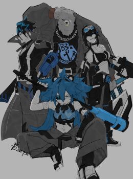 2boys 2girls animal_ear_hairband animal_ears anton_ivanov arm_on_knee arm_pouch armband asymmetrical_gloves bear bear_boy bear_ear_hairband bear_ears belly belt ben_bigger black_shirt black_shoes black_sports_bra blue_eyes blue_hair brown_fur chain chain_necklace coat crop_top dated drill elbow_gloves explosive eyepatch fake_animal_ears fat fat_man flame_print from_side furry furry_male gloves goggles goggles_on_head goya_1231 grace_howard grenade grey_background grey_coat grey_pants hairband hammer highres holding holding_hammer holding_weapon jewelry koleda_belobog looking_at_viewer looking_to_the_side midriff mismatched_gloves multiple_boys multiple_girls nail_gun necklace over_shoulder pants scar scar_across_eye scar_on_face scratching_head shirt shoes signature single_elbow_glove sitting spiked_hair sports_bra spread_legs teeth uneven_gloves weapon weapon_over_shoulder zenless_zone_zero zipper_top