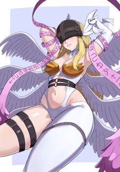 1girl absurdres angel angel_wings angewomon armpits arms_up asymmetrical_clothes bare_shoulders belt black_belt blonde_hair bodysuit boobplate breastplate breasts cleavage clothing_cutout collarbone commentary covered_eyes digimoji digimon digimon_(creature) feathered_wings gloves hagoromo helmet helmet_over_eyes highres implicationsunp long_hair medium_breasts multiple_wings navel o-ring o-ring_belt parted_lips shawl sidelocks skindentation smile solo stomach stomach_cutout thigh_belt thigh_strap white_bodysuit winged_helmet wings wrist_wings zipper