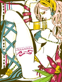 1girl armband blue_sandals breasts earrings flower from_side gladiator_sandals jewelry jojo_no_kimyou_na_bouken leg_tattoo limited_palette long_hair looking_at_viewer midler partially_colored pasties pink_hair poipororitch red_flower red_ribbon ribbon sandals side-eyed sideboob single_bare_leg sitting solo star_(symbol) star_earrings star_pasties stardust_crusaders tattoo