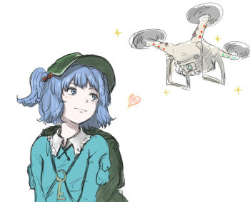 Rule 34 | 1girl, backpack, bag, blue eyes, blue hair, blue shirt, blush, closed mouth, contrapposto, frilled shirt collar, frills, green bag, green hat, hair bobbles, hair ornament, hat, heart, jewelry, kashiwada kiiho, kawashiro nitori, key, key necklace, looking at object, necklace, newsboy cap, object request, shirt, short hair, simple background, smile, solo focus, sparkle, touhou, two side up, white background