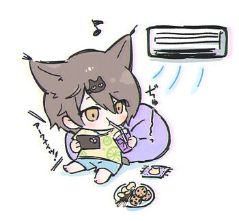 1boy air_conditioner animal_ears arknights barefoot bendy_straw blue_shorts blush brown_eyes brown_hair brown_shirt cellphone chibi cookie cup drink drinking_glass drinking_straw eighth_note food hair_between_eyes holding holding_cup holding_phone male_focus musical_note myluche phantom_(arknights) phone plate pocky print_shirt shirt shorts sitting solo tail tragodia_(arknights) translation_request white_background