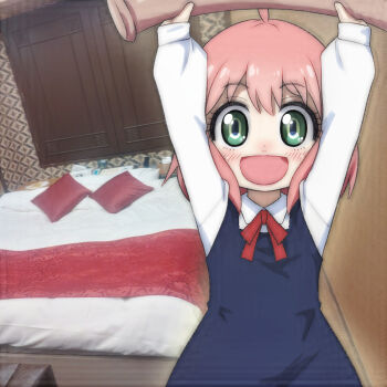 1girl ahoge anya_(spy_x_family) arms_up bed black_dress blanket blush bow bowtie cabinet dress green_eyes highres holding hotel_room long_sleeves looking_at_viewer open_mouth photo_background pillow pink_hair red_bow red_bowtie school_uniform shirt short_hair sleeveless sleeveless_dress smile spy_x_family standing t_jiroo_(ringofriend) white_shirt