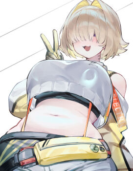 1girl absurdres blonde_hair breasts colored_inner_hair elegg_(nikke) eoboong goddess_of_victory:_nikke hair_intakes hair_over_eyes highres large_breasts long_bangs multicolored_hair navel plump shorts simple_background solo suspender_shorts suspenders two-sided_gloves v white_background