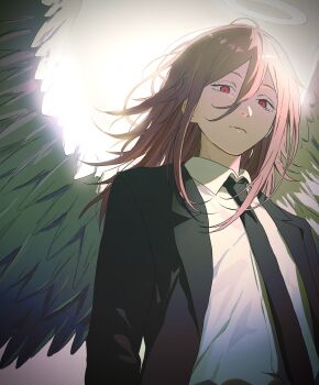 1boy absurdres angel_devil_(chainsaw_man) black_jacket black_necktie chainsaw_man closed_mouth collared_shirt geboku0406 grey_wings hair_between_eyes halo highres jacket long_hair looking_at_viewer male_focus necktie red_eyes red_hair shirt solo suit_jacket white_halo white_shirt wings