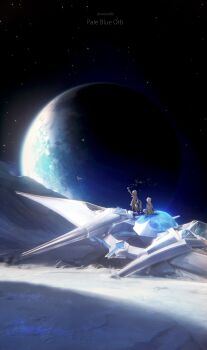 1boy 1girl absurdres aether_(as_heaven_and_earth_are_made_anew)_(genshin_impact) aether_(genshin_impact) arm_up blonde_hair boots brother_and_sister brown_boots coat commentary dress english_commentary english_text flower from_behind genshin_impact highres holding holding_flower long_hair lumine_(as_heaven_and_earth_are_made_anew)_(genshin_impact) lumine_(genshin_impact) official_alternate_costume on_moon planet ponytail short_hair_with_long_locks siblings sitting sky spacecraft standing standing_on_one_leg star_(sky) starry_sky twins twitter_username weiwei483 white_coat white_dress