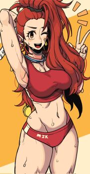 1girl 2022 arm_behind_head bandage_on_face bandages bandaid bandaid_on_cheek bandaid_on_face black_scrunchie breasts captain_mizuki cleavage collarbone commentary cowboy_shot english_commentary female_focus groin high_ponytail highres large_breasts long_hair masgamjya midriff navel notice_lines one-punch_man one_eye_closed open_mouth orange_eyes orange_hair ponytail red_sports_bra scrunchie simple_background solo sports_bra sweat taut_clothes thick_thighs thighs toned toned_female v very_long_hair wink