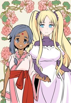 2girls bindi blush couple dark-skinned_female dark_skin facial_mark flower_flower forehead_mark holding_hands iwami_shouko multiple_girls nina_(flower_flower) official_art original shuurei_(flower_flower) smile twintails wife_and_wife yuri