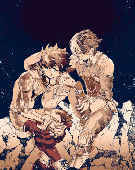 >:( 2boys alternate_eye_color aqua_eyes arm_on_knee arm_on_thigh arm_rest background_request belt between_legs blood blood_on_cheek blood_on_face blood_on_mouth blue_background bodysuit boku_no_hero_academia boots breath bright_pupils brown_eyes brown_theme crack cross-laced_footwear dried_blood elbow_pads feet_out_of_frame floating_clothes floating_hair freckles from_side frost gloves hair_between_eyes hand_between_legs hand_up heterochromia high_collar highres holding_thumb knee_boots knee_pads knee_up limited_palette long_bangs looking_ahead looking_to_the_side male_focus mask mask_around_neck midoriya_izuku mouth_mask multicolored_hair multiple_boys on_rock own_hands_together parted_hair profile rock rubble sanpaku scar scar_on_face scratches serious short_hair shoulder_pads side-by-side sideways_glance sitting three-quarter_sleeves slouching split-color_hair split_mouth straight_hair tennen_hz todoroki_shoto utility_belt v-shaped_eyebrows v_arms white_pupils wind