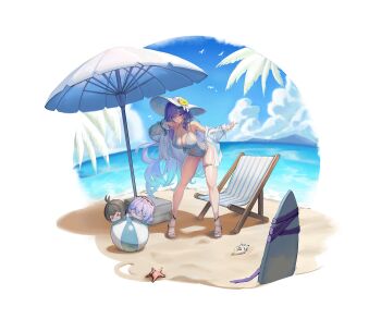 1girl absurdres alternate_costume bare_shoulders beach_chair beach_umbrella blue_eyes blue_sky cantarella_(wuthering_waves) casual_one-piece_swimsuit commentary day earrings facial_mark female_rover_(wuthering_waves) fingernails flower hair_between_eyes halterneck hands_up hat hat_flower highres jacket jewelry leaning_forward looking_at_viewer mark_under_eye mole mole_under_eye nail_polish ocean off_shoulder one-piece_swimsuit open_clothes open_jacket outdoors parted_lips purple_hair purple_nails remnant_cube_(wuthering_waves) rover_(wuthering_waves) sandals seashell see-through_clothes see-through_jacket shell sky smile solo standing surfboard swimsuit thigh_strap thighs toenail_polish toenails toes uinref umbrella white_hat white_jacket white_one-piece_swimsuit wuthering_waves