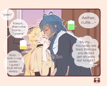 2boys aether_(genshin_impact) artist_name battery_indicator blonde_hair blue_hair blush braid couch couple english_text genshin_impact height_difference highres hood hoodie kaeya_(genshin_impact) kiss kissing_forehead long_hair multiple_boys nose_blush pandagyoza yaoi yawning