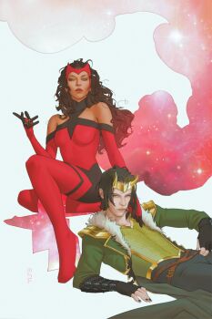 1boy 1girl alternate_costume black_bodysuit black_gloves black_hair bodysuit brown_hair clothing_cutout coat commentary english_commentary fingerless_gloves gloves green_coat highres loki_(marvel) long_hair looking_at_viewer marvel multicolored_bodysuit open_clothes open_coat red_bodysuit scarlet_witch scott_forbes shoulder_cutout sitting two-tone_bodysuit