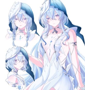 1girl armlet blue_hair blue_veil breasts closed_mouth colored_eyelashes commentary_request dress hair_between_eyes highres jewelry light_blush long_hair looking_at_viewer medium_breasts multiple_views purple_eyes shorekeeper_(wuthering_waves) sleeveless sleeveless_dress smile soyogi_nrso two-tone_veil veil white_veil wuthering_waves