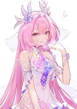 1girl absurdres applelin artist_name bare_shoulders breasts bridal_veil commentary_request cyrene_(honkai:_star_rail) cyrene_(ripples_of_past_reverie)_(honkai:_star_rail) dress flower hair_flower hair_ornament highres honkai:_star_rail honkai_(series) jewelry large_breasts long_hair looking_at_viewer pink_hair pointy_ears purple_eyes ring simple_background smile solo veil very_long_hair wedding_ring white_background white_dress