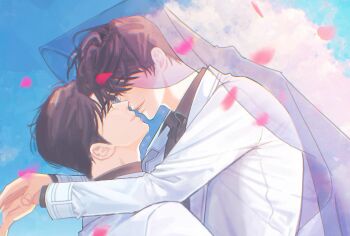 2boys black_hair black_shirt cloak coat collared_shirt day elbow_on_another&#039;s_shoulder falling_petals highres hood hood_up hooded_cloak imgeun imminent_kiss kim_dokja male_focus multiple_boys omniscient_reader&#039;s_viewpoint open_clothes open_coat outdoors petals secretive_plotter see-through_clothes shirt short_hair smile white_coat yoo_joonghyuk