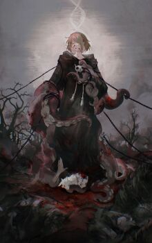 1girl absurdres athena_(ff14) bare_tree black_robe blood blood_on_clothes blood_on_face blood_on_hands braid brown_hair chain collarbone commentary crown_braid dead_animal dna english_commentary entangled final_fantasy final_fantasy_xiv full_body goat green_eyes grey_sky highres hood hood_down hooded_robe horror_(theme) looking_at_viewer mask mask_around_neck unworn_mask mutant mutation outdoors painfulred robe severed_arm severed_limb short_hair single_braid sky smile solo standing suction_cups tassel tentacles tree wide_sleeves