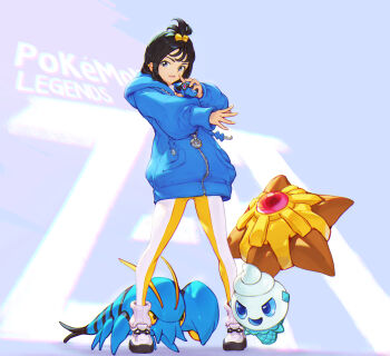1girl absurdres black_hair blue_hoodie clauncher commentary_request copyright_name eyelashes focal_(kcreed11) gen_1_pokemon gen_5_pokemon gen_6_pokemon grey_eyes hair_ornament highres holding holding_poke_ball hood hood_down hoodie leggings lida_(pokemon) long_hair long_sleeves nintendo poke_ball pokemon pokemon_(creature) pokemon_legends:_z-a ribbed_socks shoes socks standing staryu tassel topknot vanillite white_shoes white_socks zipper zipper_pull_tab