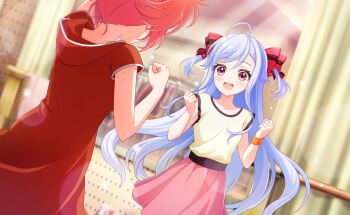 Rule 34 | 1boy, 2girls, :d, ahoge, blue hair, blurry, blurry background, bow, collarbone, commentary request, curtains, depth of field, dress, game cg, hair bow, hands up, highres, indoors, long hair, multiple girls, niizuma yae, official art, ootori kokona, open mouth, pink skirt, red bow, red eyes, red hair, red skirt, shirt, short sleeves, skirt, sleeveless, smile, third-party source, very long hair, window, world dai star