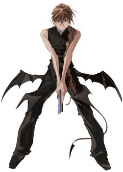 Rule 34 | 1boy, atie1225, bare shoulders, bat wings, black pants, black shoes, black vest, blue eyes, braid, brown hair, chinese commentary, commentary request, demon tail, duo maxwell, full body, grin, gun, gundam, gundam wing, hair between eyes, handgun, highres, holding, holding gun, holding weapon, layered clothes, long braid, long hair, looking at viewer, male focus, pants, shirt, shoes, simple background, single braid, smile, solo, tail, teeth, very long hair, vest, weapon, white background, white shirt, wings