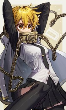 1girl 99dulgi absurdres arms_behind_head black_necktie black_skirt black_thighhighs blonde_hair border bound bound_wrists cape chain commentary_request don_quixote_(project_moon) eyelashes highres index_(identity)_(project_moon) korean_commentary limbus_company looking_ahead necktie orange_eyes outside_border pleated_skirt project_moon raised_eyebrows short_hair skirt solo sparkle standing thighhighs white_border white_cape wide-eyed