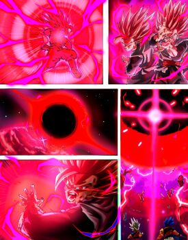 3boys aura black_shirt dougi dragon_ball dragon_ball:_sparking! dragon_ball_super dragon_ball_super_broly dragon_ball_super_super_hero electricity finger_to_mouth gogeta gohan_beast gohan_black goku_black grey_tunic highres kamehameha_(dragon_ball) long_hair medium_hair multiple_boys powering_up rz28kp shirt shushing solo_focus son_gohan spiked_hair super_saiyan super_saiyan_blue super_saiyan_rose tunic