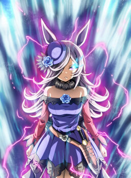 Rule 34 | 1girl, absurdres, animal ears, aura, bare shoulders, blue dress, blue flower, blue hat, blue rose, breasts, brown hair, dagger, dress, electricity, eye trail, fascinator, flipped hair, flower, fur choker, hair over one eye, hat, hat flower, highres, horse ears, horse girl, horse tail, kamishima kanon, knife, light trail, long hair, long sleeves, looking at viewer, medium breasts, off-shoulder dress, off shoulder, parted lips, purple eyes, rice shower (rosy dreams) (umamusume), rice shower (umamusume), rose, sheath, sheathed, solo, tail, tilted headwear, umamusume, weapon