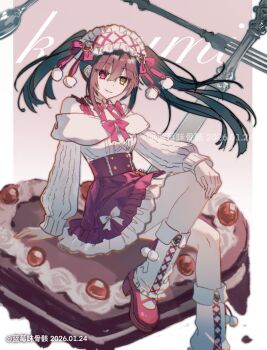 1girl absurdres alternate_costume black_hair boots cake clock_eyes date_a_live dress food frilled_dress frills hairband heterochromia highres juliet_sleeves lace-up_boots lanmeiweiguhai3 lolita_hairband long_hair long_sleeves multicolored_dress pom_pom_(clothes) puffy_sleeves red_eyes red_ribbon ribbon sitting smile solo symbol-shaped_pupils tokisaki_kurumi twintails white_boots yellow_eyes