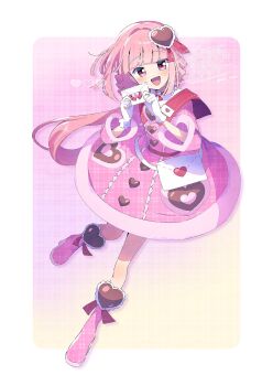 1girl alternate_costume bag blunt_bangs boots border braid brooch buttons center_frills commentary_request dot_nose dress envelope footwear_ribbon frills full_body fur-trimmed_dress fur-trimmed_sleeves fur_trim gloves gradient_background hair_ornament hair_ribbon happy heart heart-shaped_sleeves heart_brooch heart_button heart_hair_ornament highres holding holding_envelope jewelry letter light_blush long_hair long_sleeves love_letter magia_record:_mahou_shoujo_madoka_magica_gaiden mahou_shoujo_madoka_magica medium_dress neck_ribbon open_mouth outside_border pink_background pink_boots pink_dress pink_eyes pink_hair plaid_background plaid_clothes plaid_dress plaid_footwear pocket red_ribbon red_sailor_collar ribbon ribbon_trim sailor_collar serizawa_serizane shirt shirt_under_dress shoulder_bag side_braids smile solo tamaki_iroha twin_braids twitter_username unmoving_pattern very_long_hair watermark white_border white_gloves white_shirt yellow_background