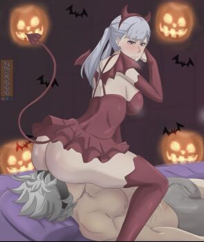 1boy 1girl ass asta_(black_clover) black_clover blush demon_costume demon_girl demon_tail devil dress erection fake_horns fake_wings femdom girl_on_top grey_hair halloween halloween_costume hetero horns looking_back noelle_silva oral purple_eyes red_dress red_thighhighs sitting sitting_on_face sitting_on_person tail text_focus thighhighs twintails wings zeik999